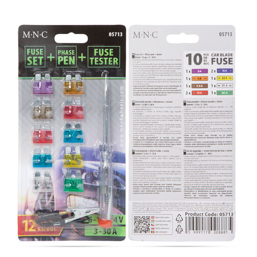 05713 • Biztosíték készlet + fázisceruza + teszter - késes - 10 db - 6 - 24V, 3 - 30A