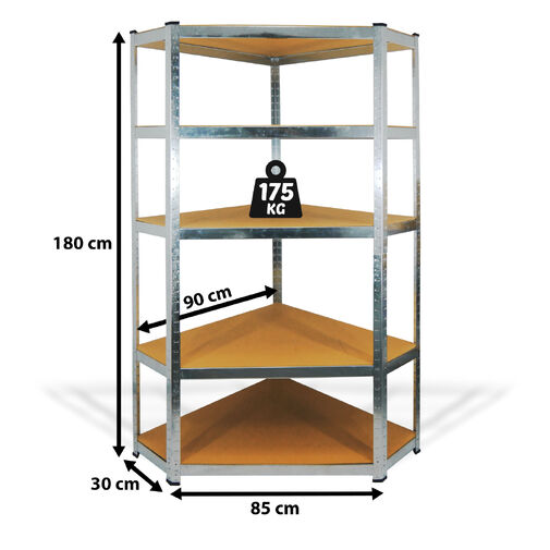 10846 • Fémpolc állvány - sarok - 5 szintes - fém - max. 175 kg - 180 x 90 x 30 cm