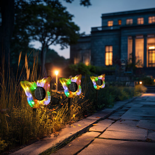 11749B • Leszúrható szolár pillangó - sárga - 13 x 6,5 x 35 cm - melegfehér + színes LED