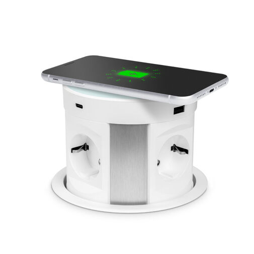20434WH • Rejtett elosztó - 4-es + vezeték nélküli töltés + 2xUSB + 2xType-C - fehér