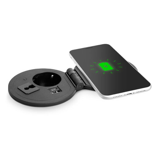 20462BK • Rejtett, beépíthető konnektor + USB + Type-C + Vezeték nélküli töltő