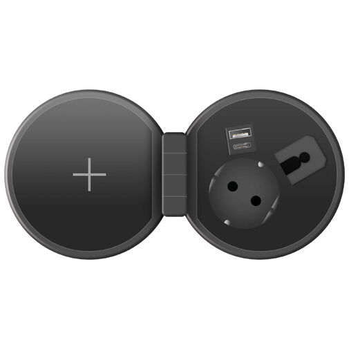 20462BK • Rejtett, beépíthető konnektor + USB + Type-C + Vezeték nélküli töltő