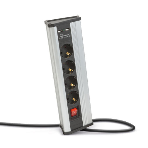 20484S • Sarokelosztó - kapcsolós - 4 x 250V, 16A - 2 x USB, 2,1A - alumínium ház