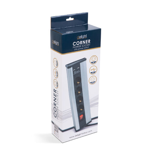 20484S • Sarokelosztó - kapcsolós - 4 x 250V, 16A - 2 x USB, 2,1A - alumínium ház