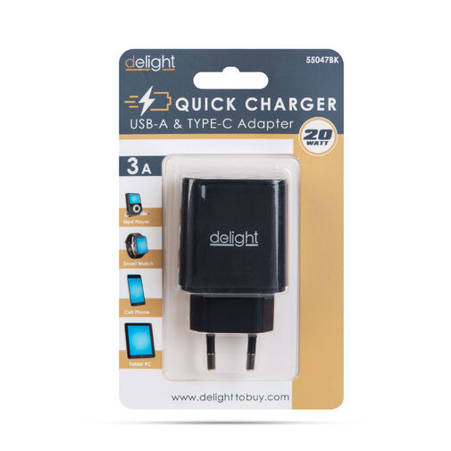 55047BK • Hálózati Adapter USB + Type-C PD20W gyorstöltéssel - fekete