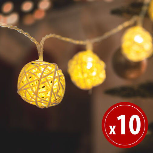 56519 • LED fényfüzér - rattan labdák - 10 LED - 1,35 m - melegfehér - 2 x AA
