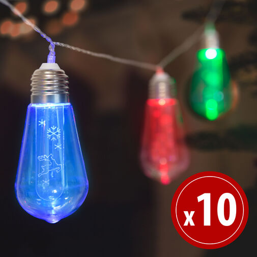 56531 • LED fényfüzér - Villanykörte - 10 LED - 1,9 méter - színes - 2 x AA