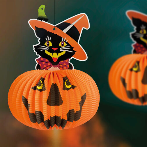 58137A • Halloween-i tökös lampion - macskával - akasztható - 26 cm