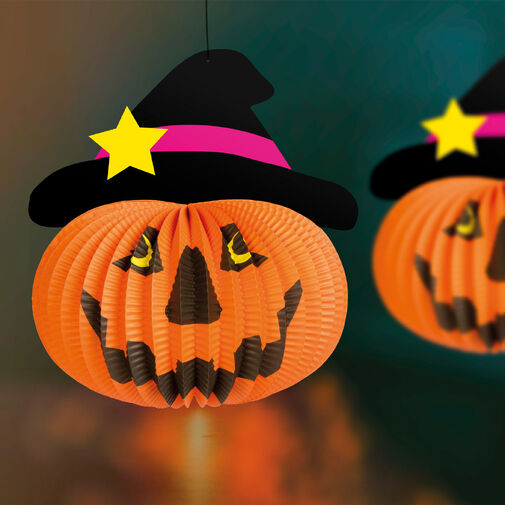 58137B • Halloween-i tökös lampion - kalapban - akasztható - 26 cm