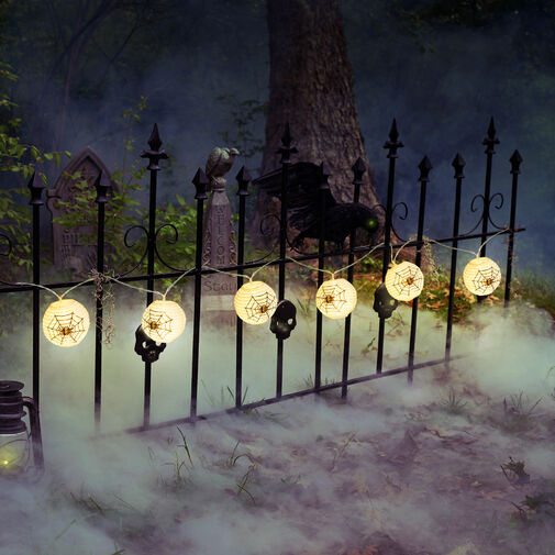 58172 • Halloween-i lampion fényfüzér - pókos, fehér - 7,5 x 165 cm - 2 x AA elemes