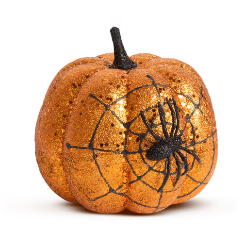58179A • Halloween-i tök dekoráció - narancs glitteres - pókhálóval - 15 cm