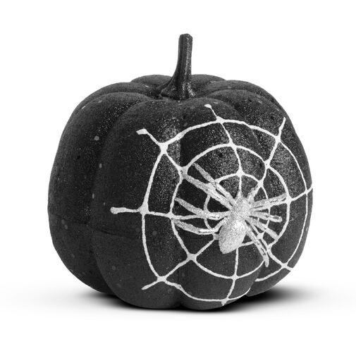 58179B • Halloween-i tök dekoráció - fekete glitteres - pókhálóval - 15 cm