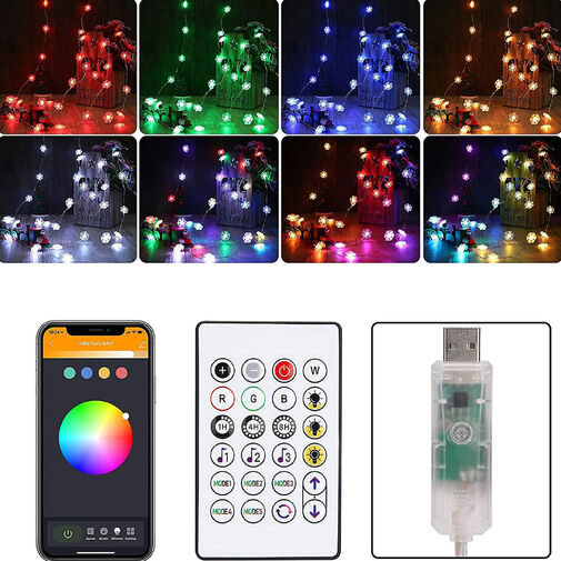 58381A • Smart fényfüzér - hópehely - USB - 20 db RGBIC LED - 2 m - bluetooth