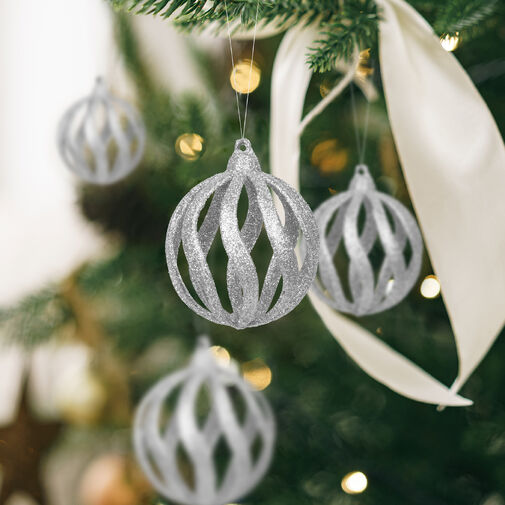 58522B • Karácsonyfadísz szett - glitteres ezüst gömbdísz - 7 cm - 6 db / csomag