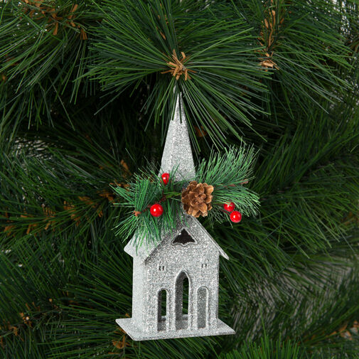 58677B • Karácsonyi glitteres templom akasztóval - 16 x 6,5 cm - ezüst