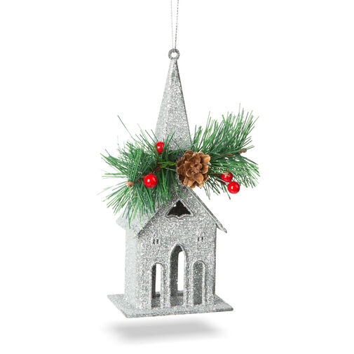 58677B • Karácsonyi glitteres templom akasztóval - 16 x 6,5 cm - ezüst