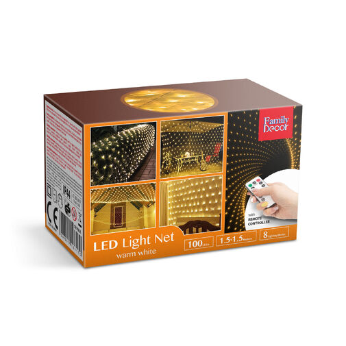 58908A • LED-es fényháló - 100 db melegfehér LED-del - 1,5 x 1,5 m - 230V - távirányítós