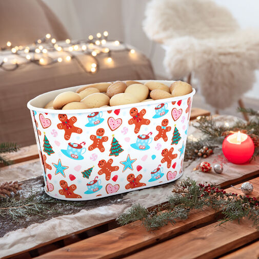 59722A • Karácsonyi fém kosár - mézeskalács mintás - 19 x 11,5 x 9,5 cm