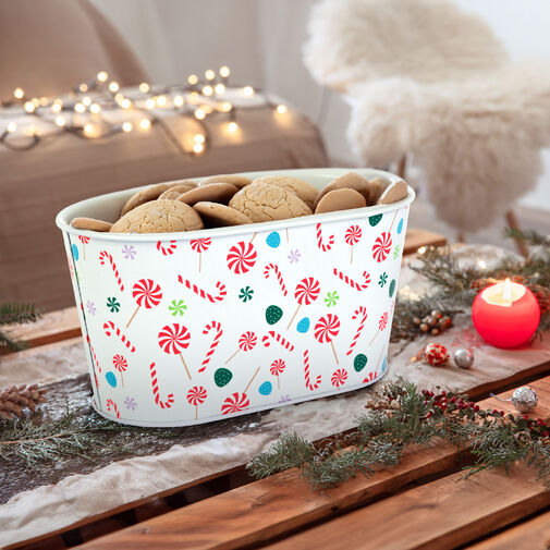 59722C • Karácsonyi fém kosár - cukorbot mintás - 19 x 11,5 x 9,5 cm