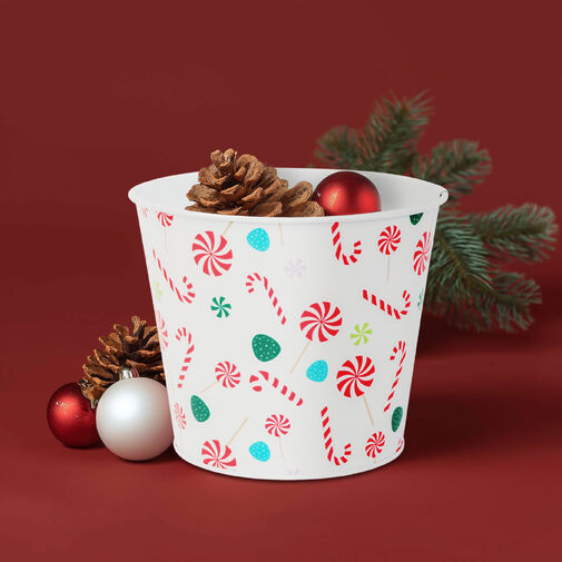 59733C • Karácsonyi dekoráció - fém kaspó, vödör - cukorbot - 13 x 11 cm
