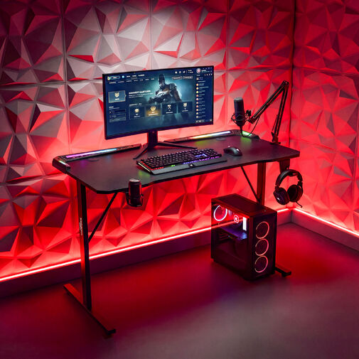 BMD1128BK • Gamer asztal - 120 x 60 x 75 cm - RGB LED, USB, pohártartó, fejhallgató tartó, szénszálas - fekete