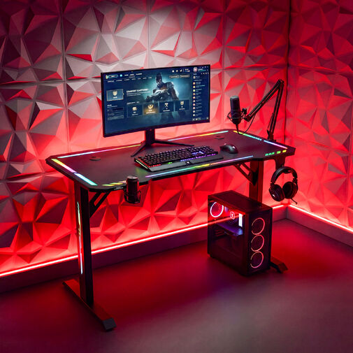 BMD1129BK • Gamer asztal - 120 x 60 x 75 cm - RGB LED, USB, pohártartó, fejhallgató tartó, 5 mm üveg - fekete